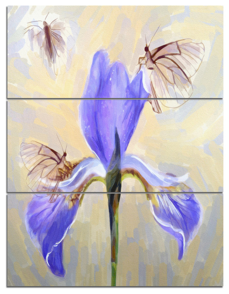 Blue Flower with Butterflies Sketch, Floral Triptych Canvas Art, 28x36, 3 Panels