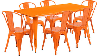 31.5"x63" Rectangular Orange Metal 6-Piece Table Set Stack Chairs