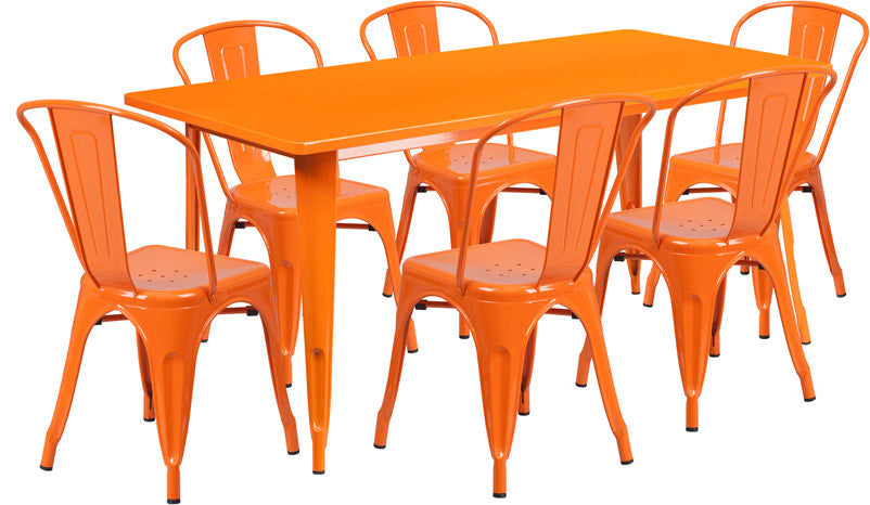 31.5"x63" Rectangular Orange Metal 6-Piece Table Set Stack Chairs