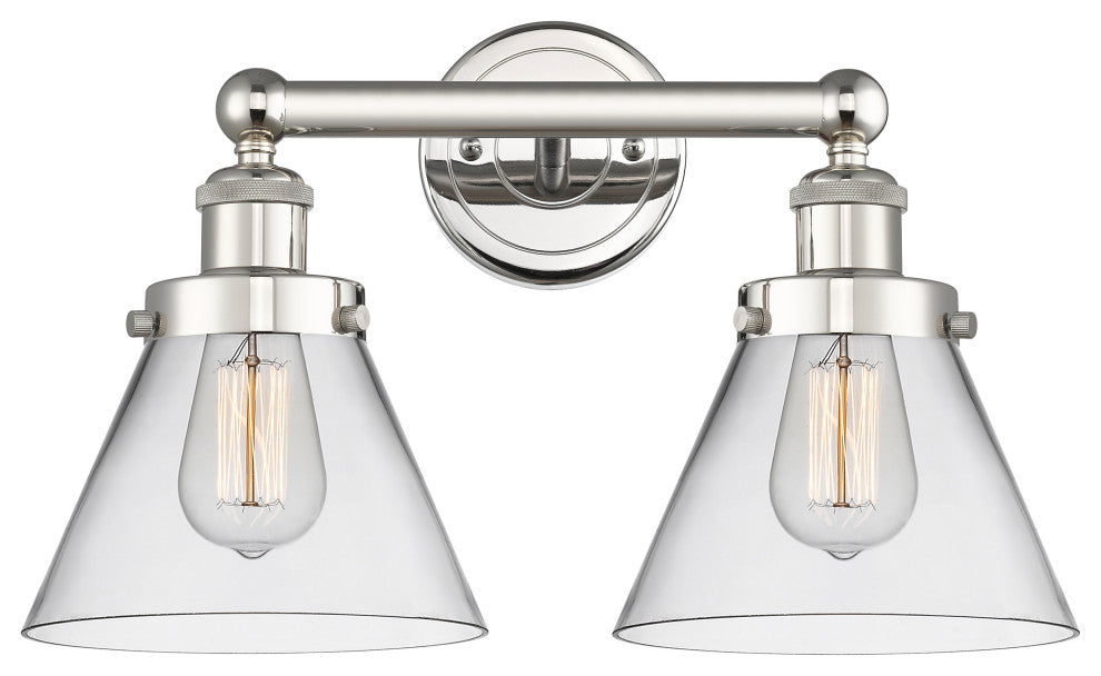 Edison Large Cone 2-Light 17" Vanity Light, Polished Nickel Finish, Clear Shade
