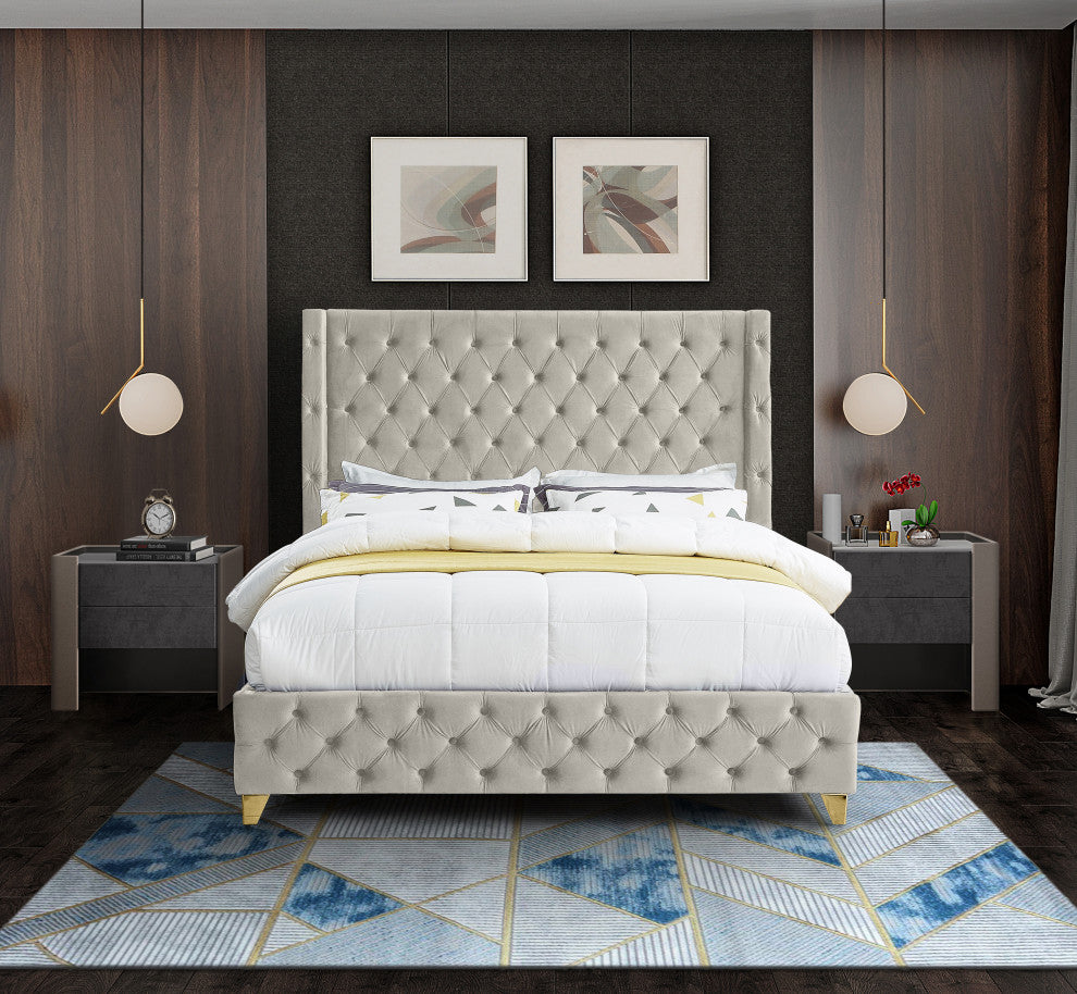 Savan Velvet Upholstered Bed, Cream, King