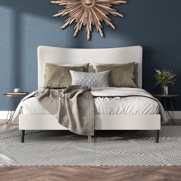 Miles White Boucle Upholstered Wood Frame Platform Bed, Queen, Wingback
