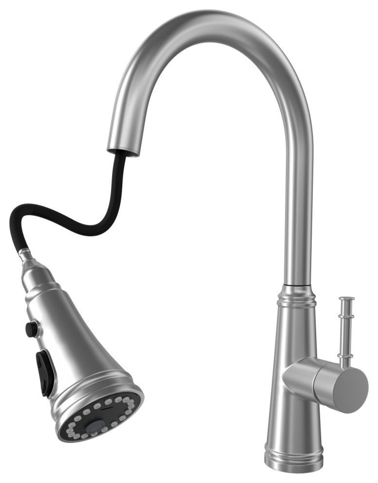 Single Handle Deck Mounted High Arc Pull Out Stainless Steel Kitchen Faucet, Bru