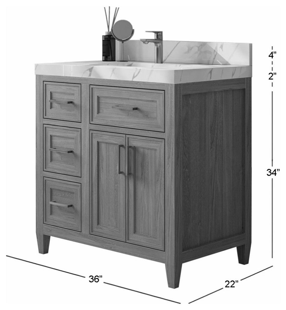 Santa Monica 36 Center Sink Bath Vanity in Whitewashed Teak 1.5" Empira Quartz