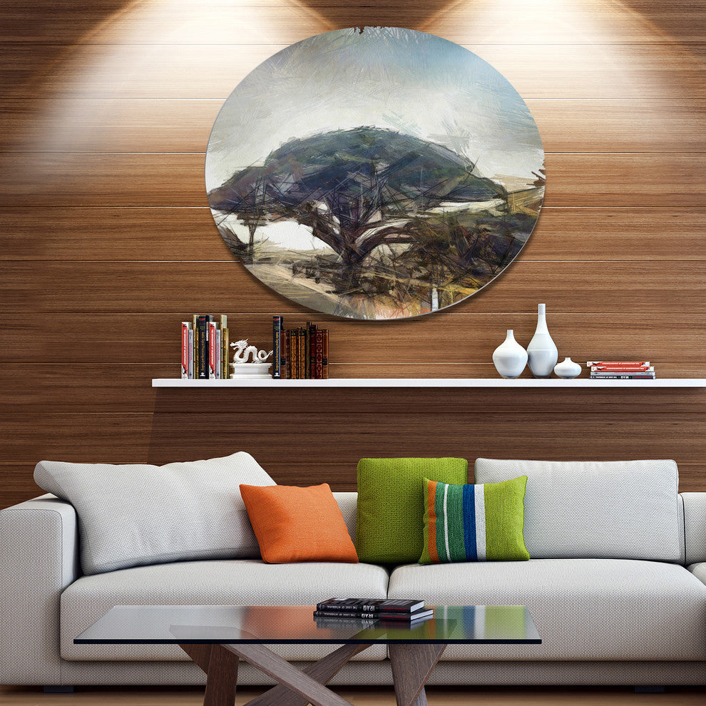 Lonely Oak Tree Watercolor Sketch, Landscape Round Metal Wall Art, 36"