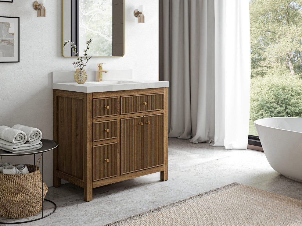 Sonoma Teak 36 Center Sink Bath Vanity in Dark Natural with 1.5" Calacatta Laza