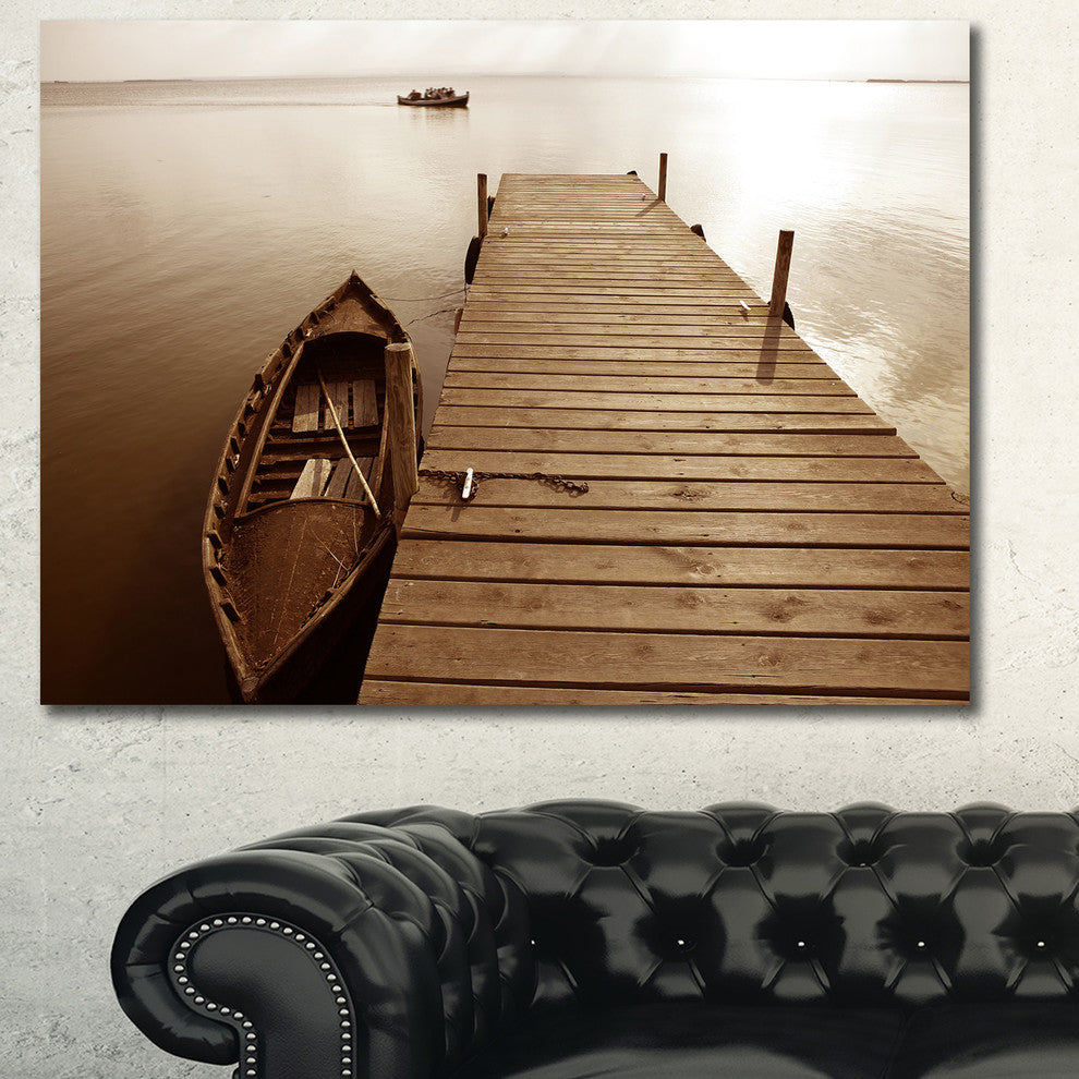 Albufera Lake Wetlands Pier, Boat Canvas Art Print, 40"x30"