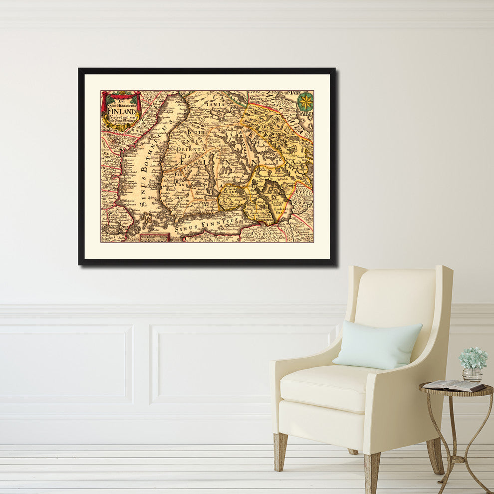 Finland Centuries Map Print On Canvas With Black Frame, 28" X 37"