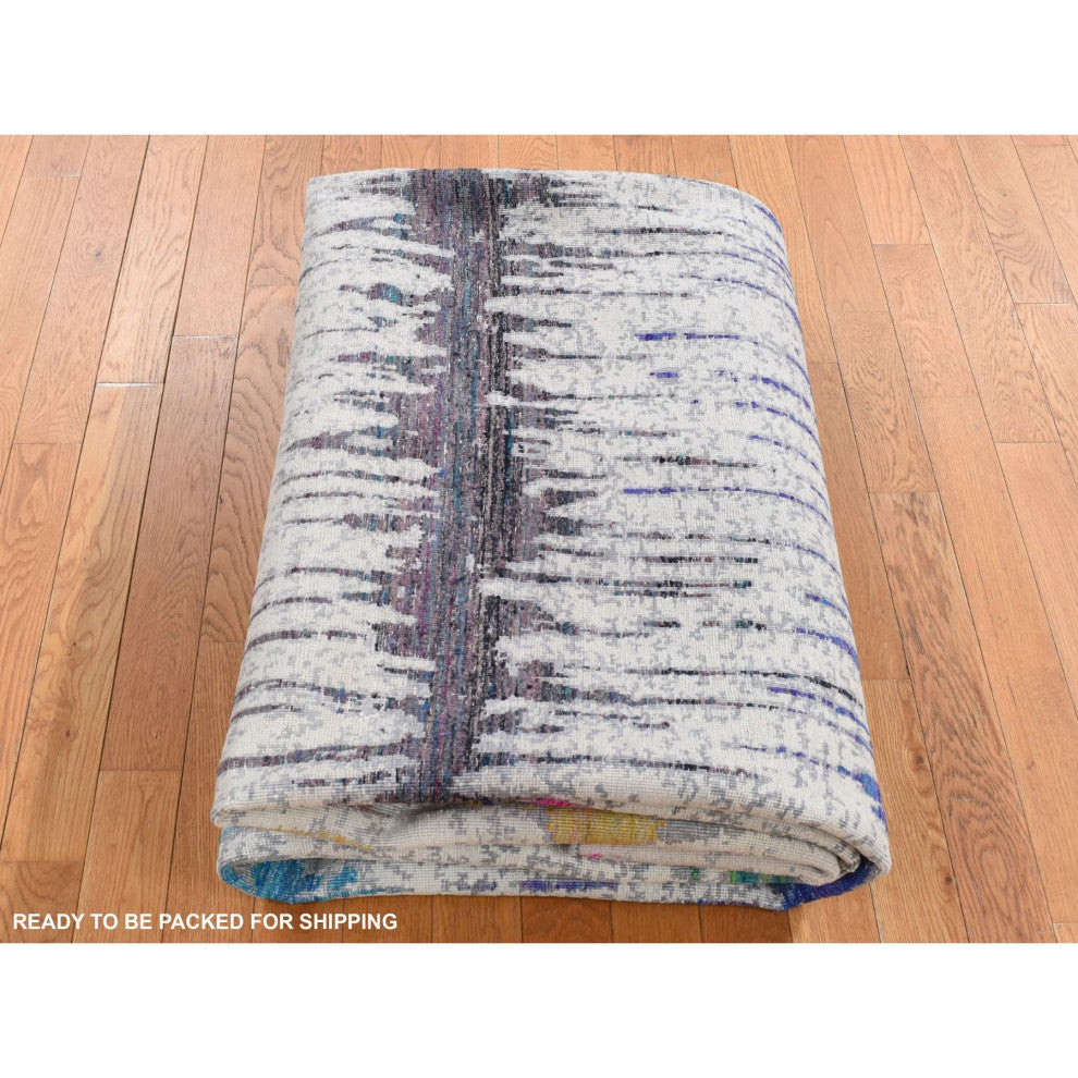 Cream Color The Cardiac Sari Silk With Textured Wool Hand Knotted Rug 8'x10'3"