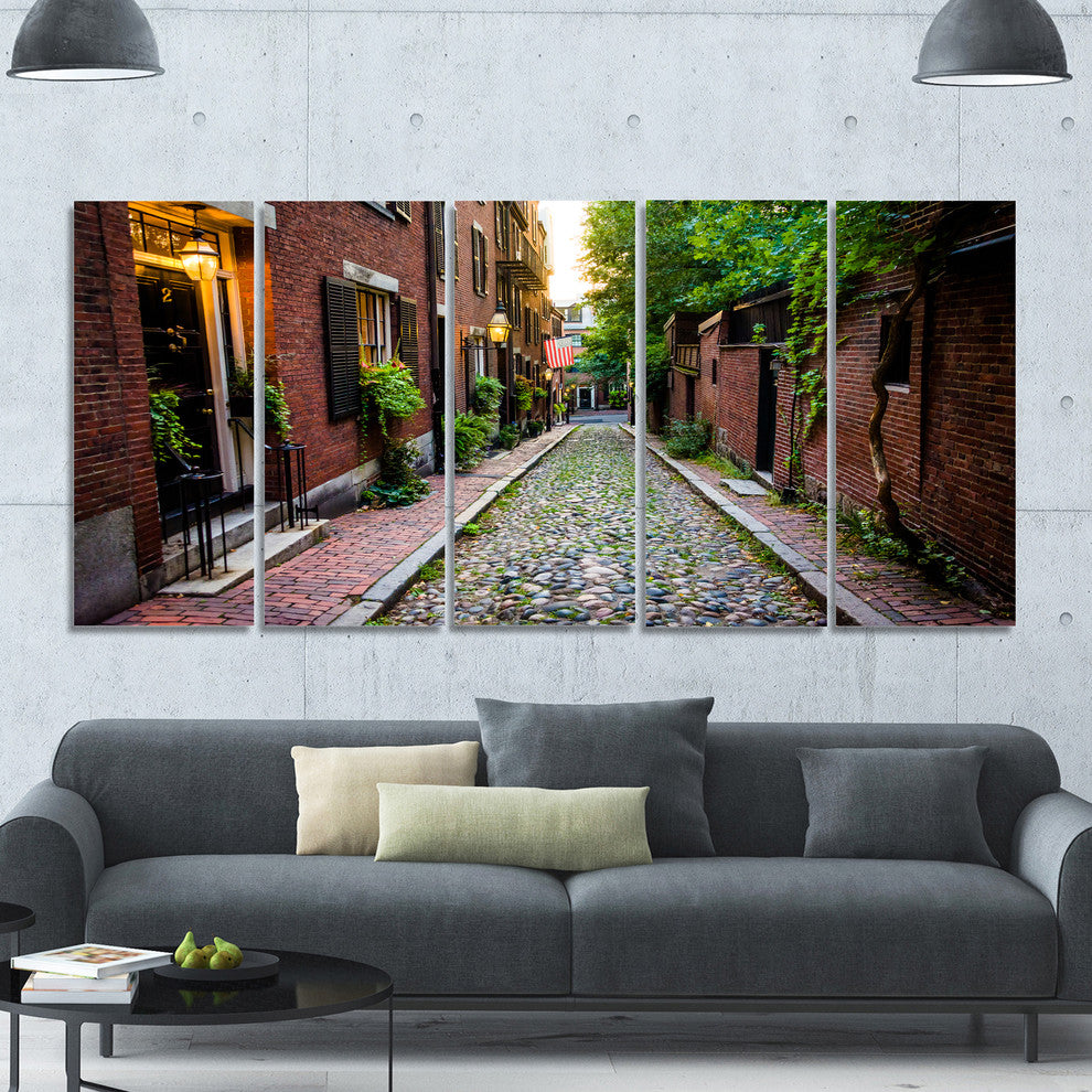 Acorn Street Massachusetts, Landscape Canvas Art Print, 60"x28", 5 Panels