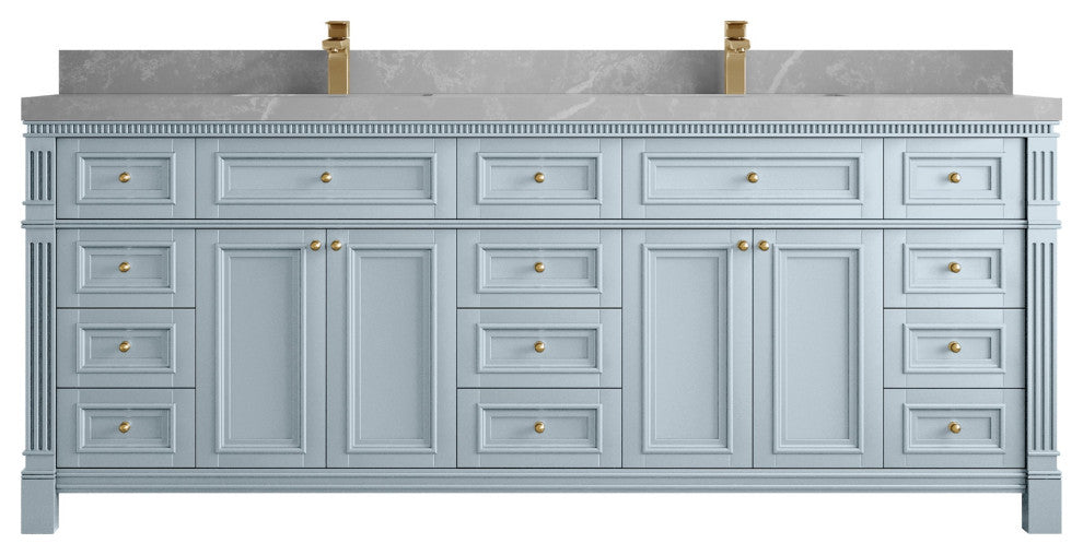 Paris 84" Double Sink Bathroom Vanity, Blue Heather 2" Pearl Gray