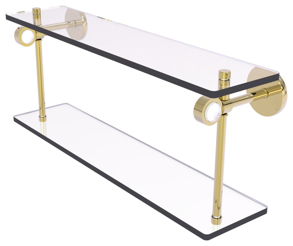 Clearview 16" Two Tiered Glass Shelf, Unlacquered Brass