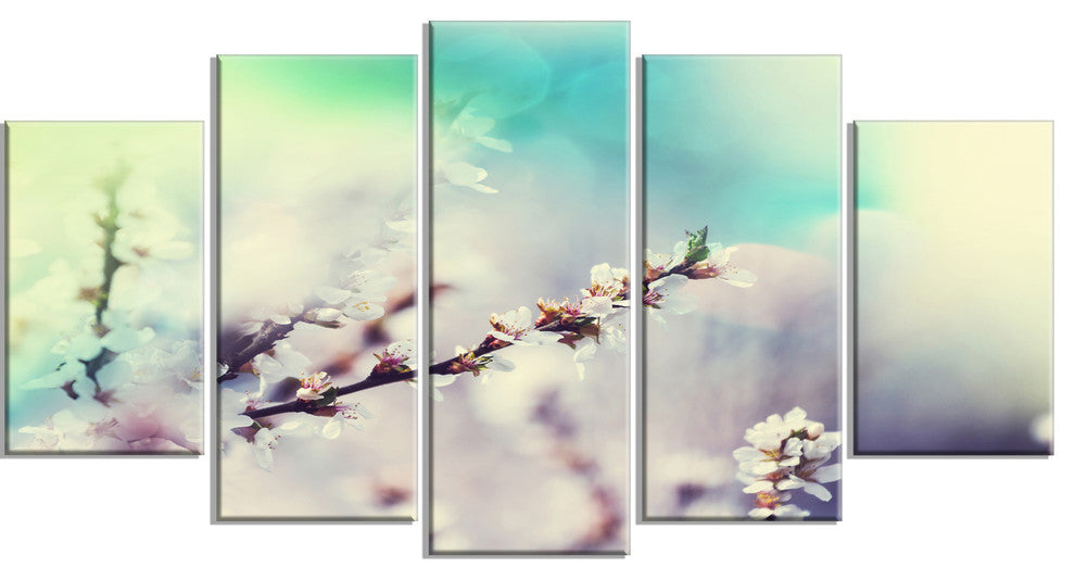 White Cherry Blossoming Flowers, Floral Canvas Art Print, 60"x32", 5 Panels