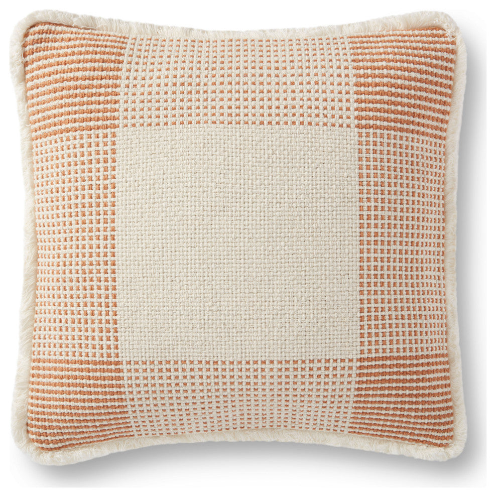 18"x18" Fringed Geometric Woven Plaid Throw Pillow, Natural/Rust, No Fill