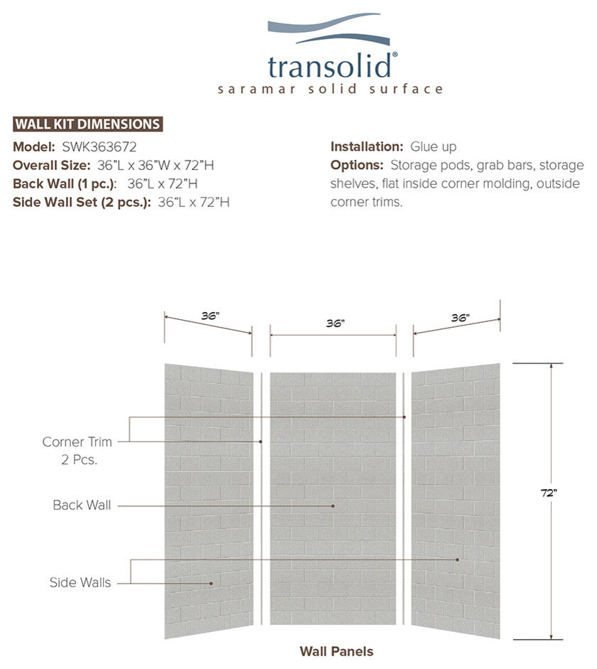 Transolid SaraMar 36"x36"x72" Glue to Wall 3-Piece Shower Wall Kit, Grey Beach