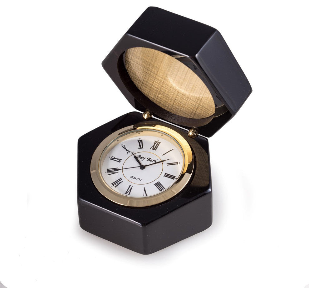 "Stanford", Lacquered "Ebony" Wood Box With Quartz Clock