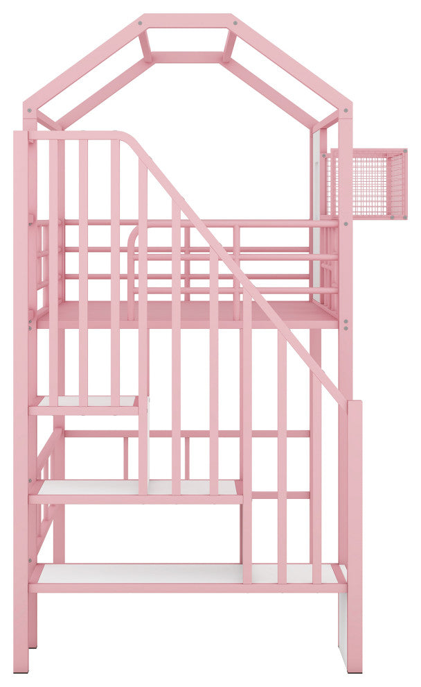 Gewnee Metal Loft Bed with roof design and a storage box, Twin, Pink