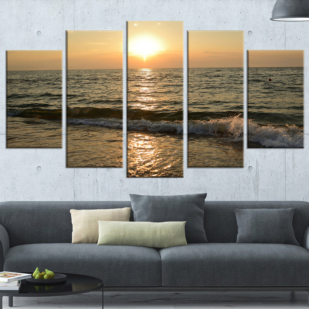 "Black Seascape in Morning Sunlight" Beach Canvas Wall Art, 5 Panels, 60"x32"