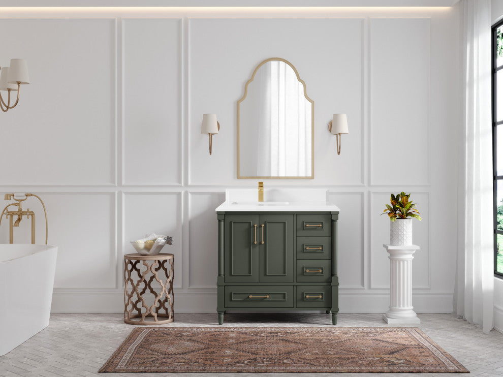 Aberdeen 36 Left Offset Bath Vanity in Pewter Green 1.5" White Quartz