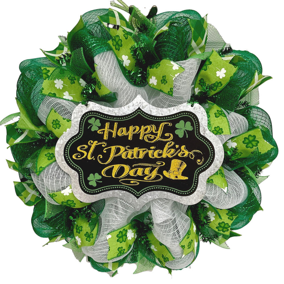 Happy St Patrick"™s Day With Hammered Metal Accent Handmade Deco Mesh Wreath