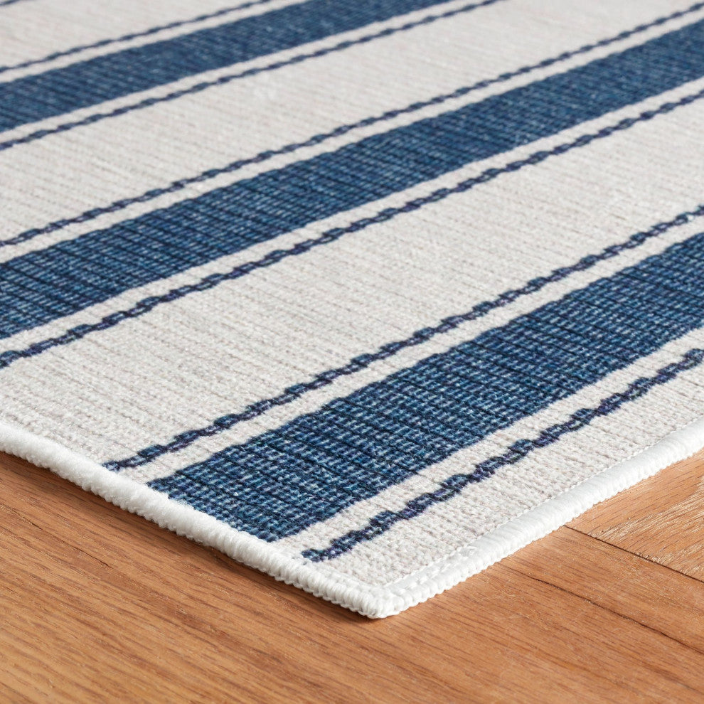 Dash & Albert Blue Awning Stripe Machine Washable Rug, Blue, 2' x 3'