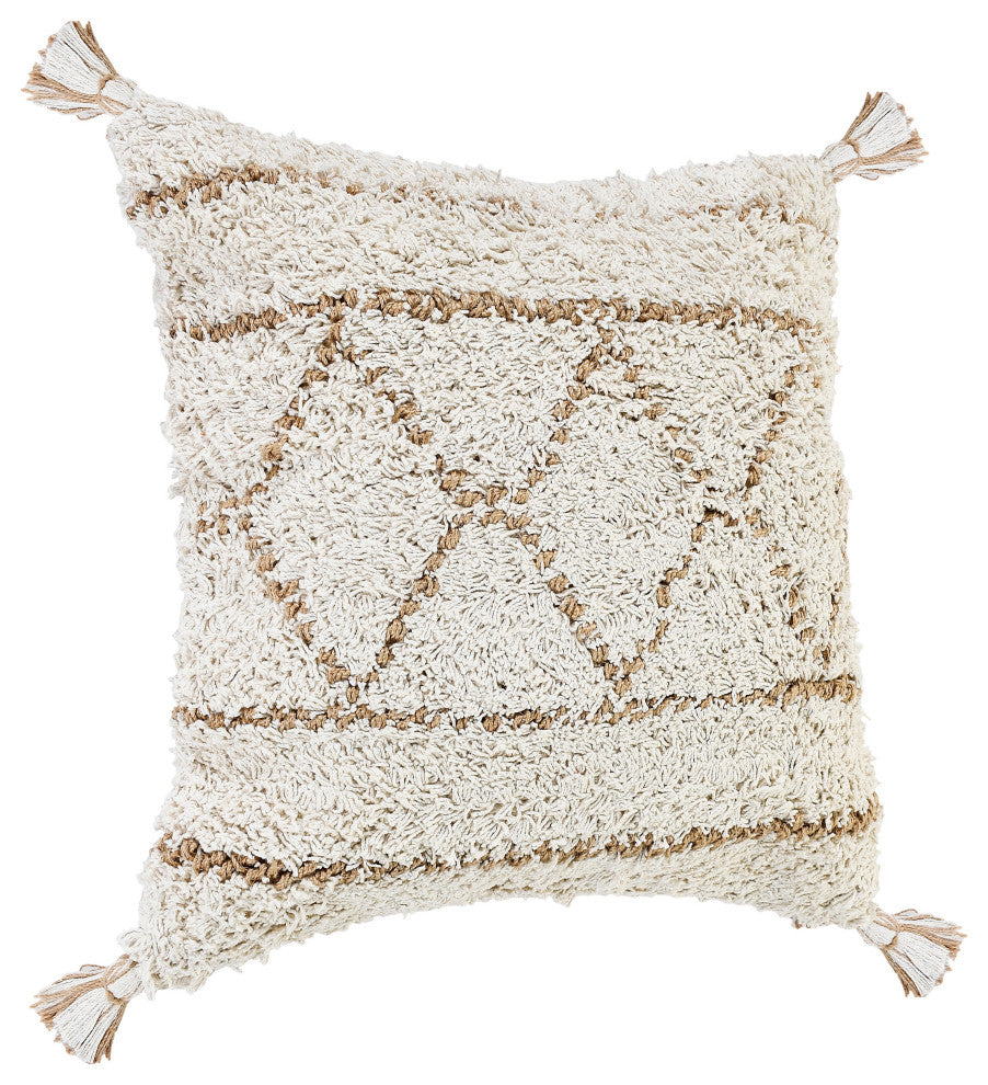 Boho-Chic Diamond Jute and Cotton Throw Pillow, 20" X 20"