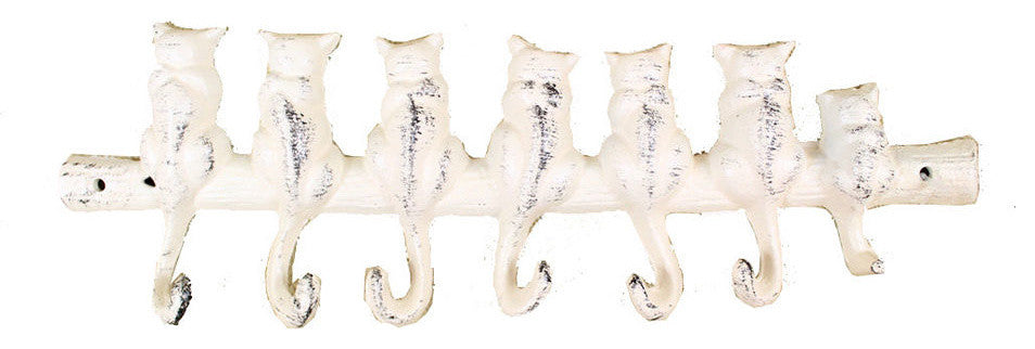 Whitewashed Cast Iron Cat Wall Hooks 13"
