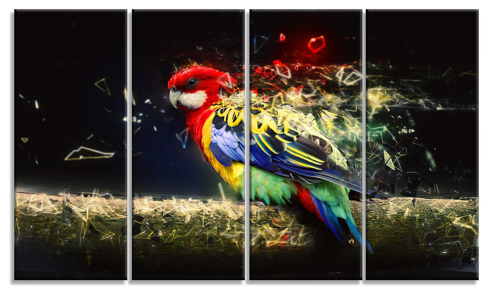 Colorful Parrot on Branch, Animal Canvas Wall Art, 48"x28", 4 Panels