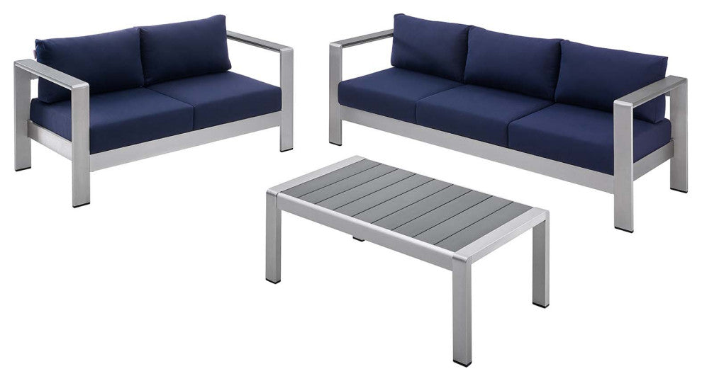 Sectional Sofa Chair Table Set, Sunbrella, Aluminum, Silver Blue Navy, Outdoor