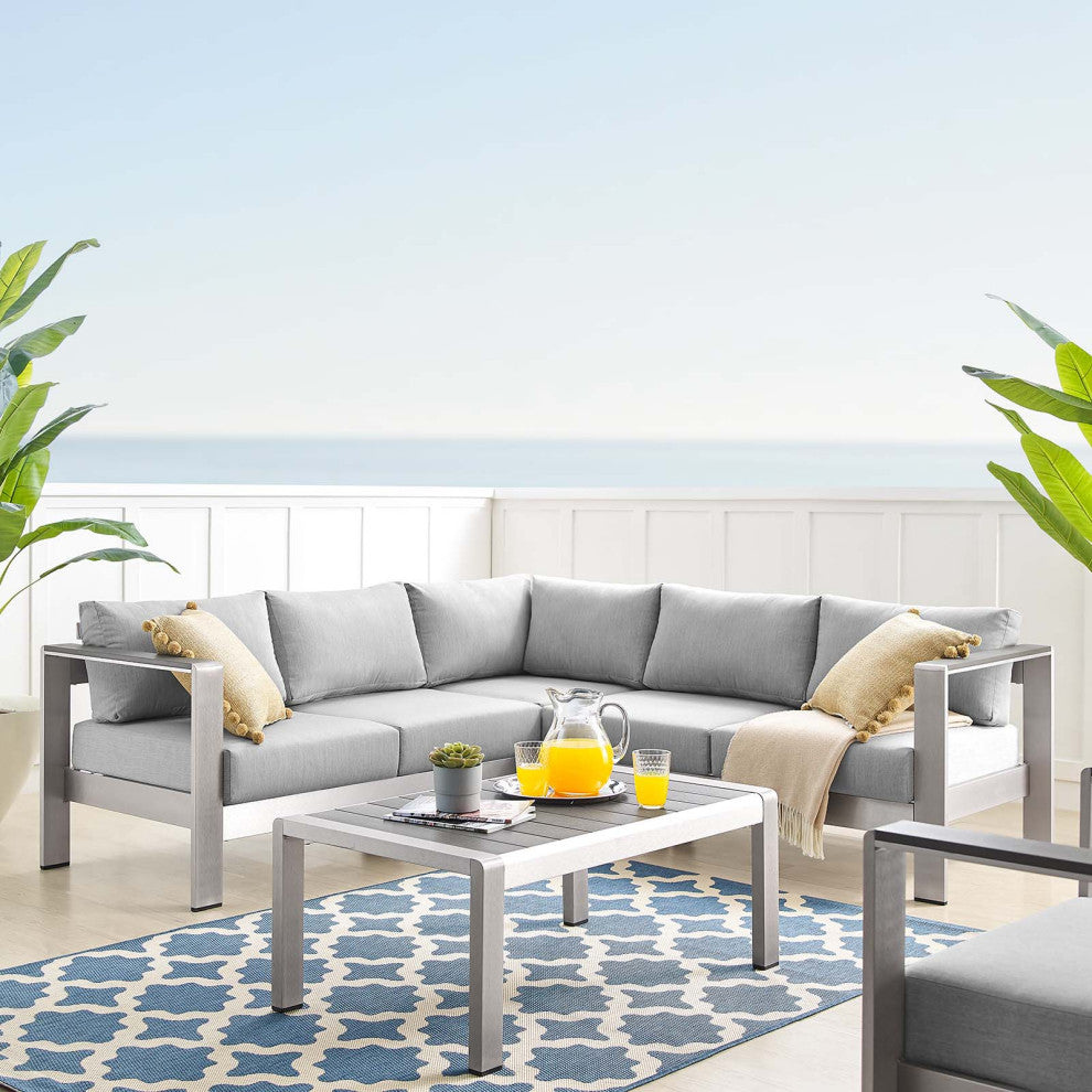 Sectional Sofa Chair Table Set, Sunbrella, Aluminum, Silver Gray, Outdoor