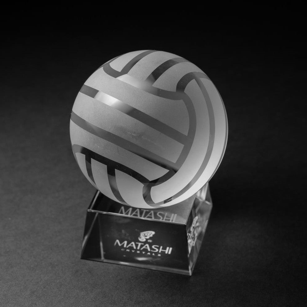 Crystal Paperweight with Etched Volley Ball Ornament and Trapezoid Base