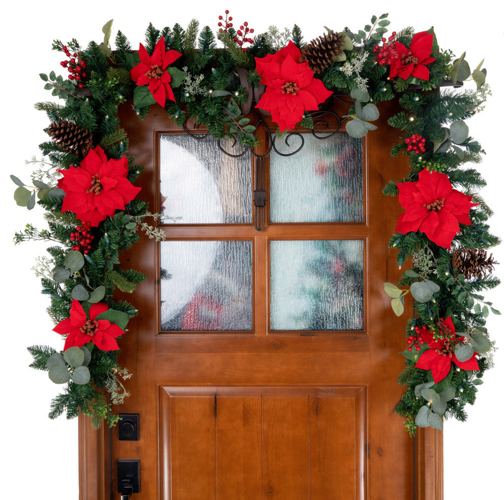 9' Artificial Christmas Garland with Lights, Christmas Poinsettia
