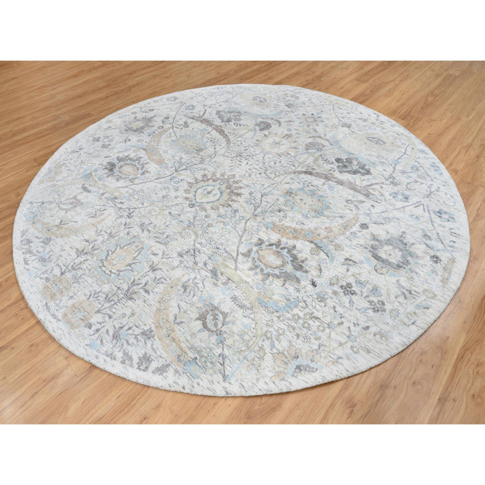 Ivory, Silk With Wool Hand Knotted, Sickle Leaf Design Round Rug, 9'9"x9'9"