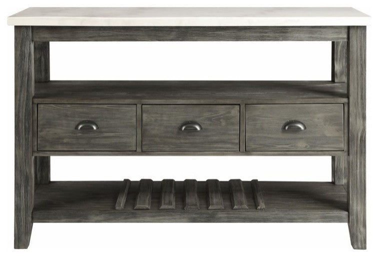 Farmhouse Sideboard, Marble Top With Storage Drawers & Open Shelves, White/Grey