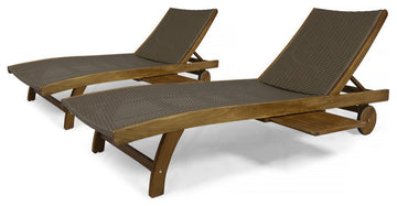 GDF Studio Kimberley Outdoor Chaise Lounge With Pull-Out Tray, Set of 2, Brown/Teak Finish