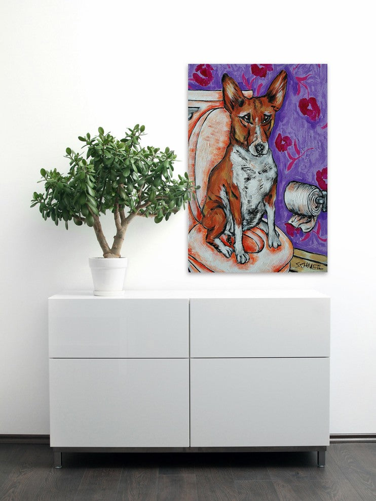 "Basenji Bathroom" Painting Print on Wrapped Canvas, 24"x36"