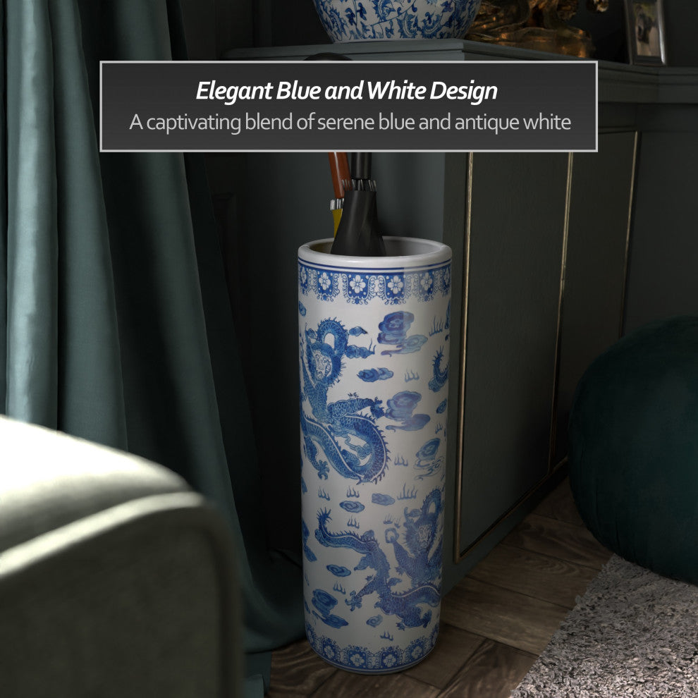 24" Dragon Blue and White Porcelain Umbrella Stand