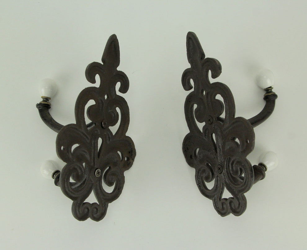 Brown Cast Iron Fleur De Lis Double Wall Hooks Set of 2
