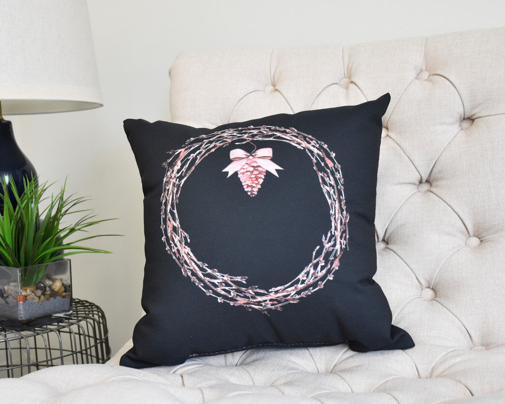 Natural Wreath 26" Black Holiday Print Decorative Throw Pillow