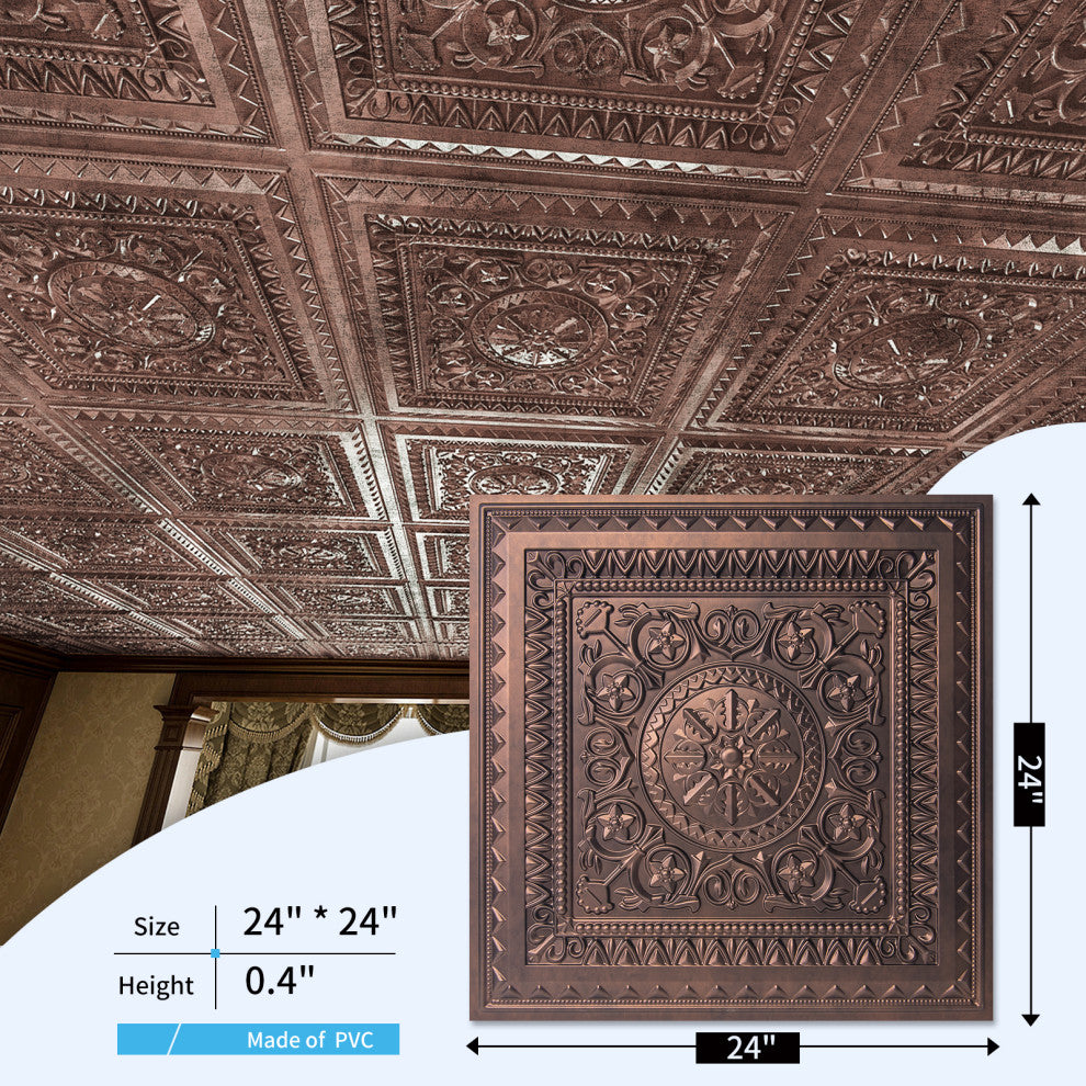 Art3d Drop Ceiling Tiles, Lay in/Glue up Ceiling Tiles, 2'x2' Plastic Sheet, Antique Copper