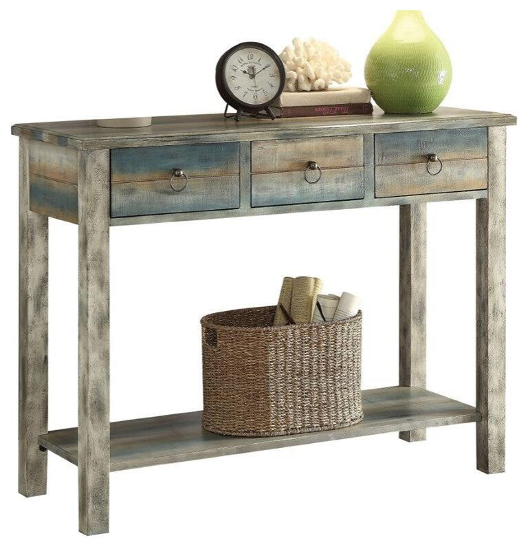 42" X 16" X 32" Antique White And Teal Wooden Console Table