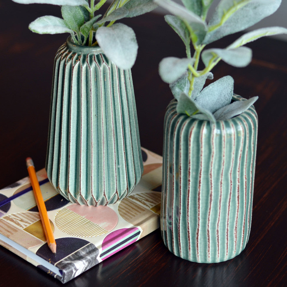 2 Piece Pastel Green Stoneware Table Vase Set
