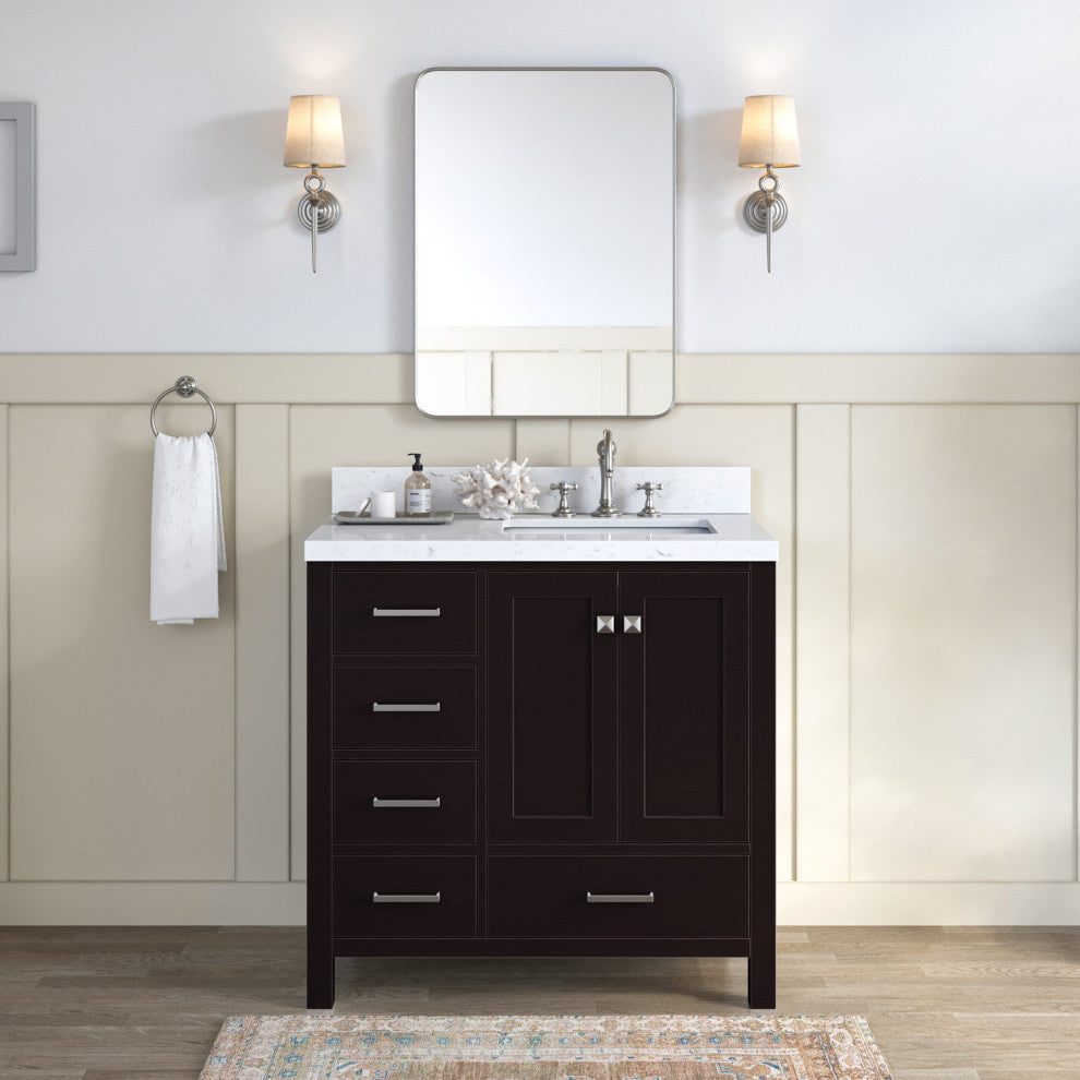 Ariel Cambridge 36" Right  Single Rectangle Sink Vanity, Carrara Quartz, Espresso