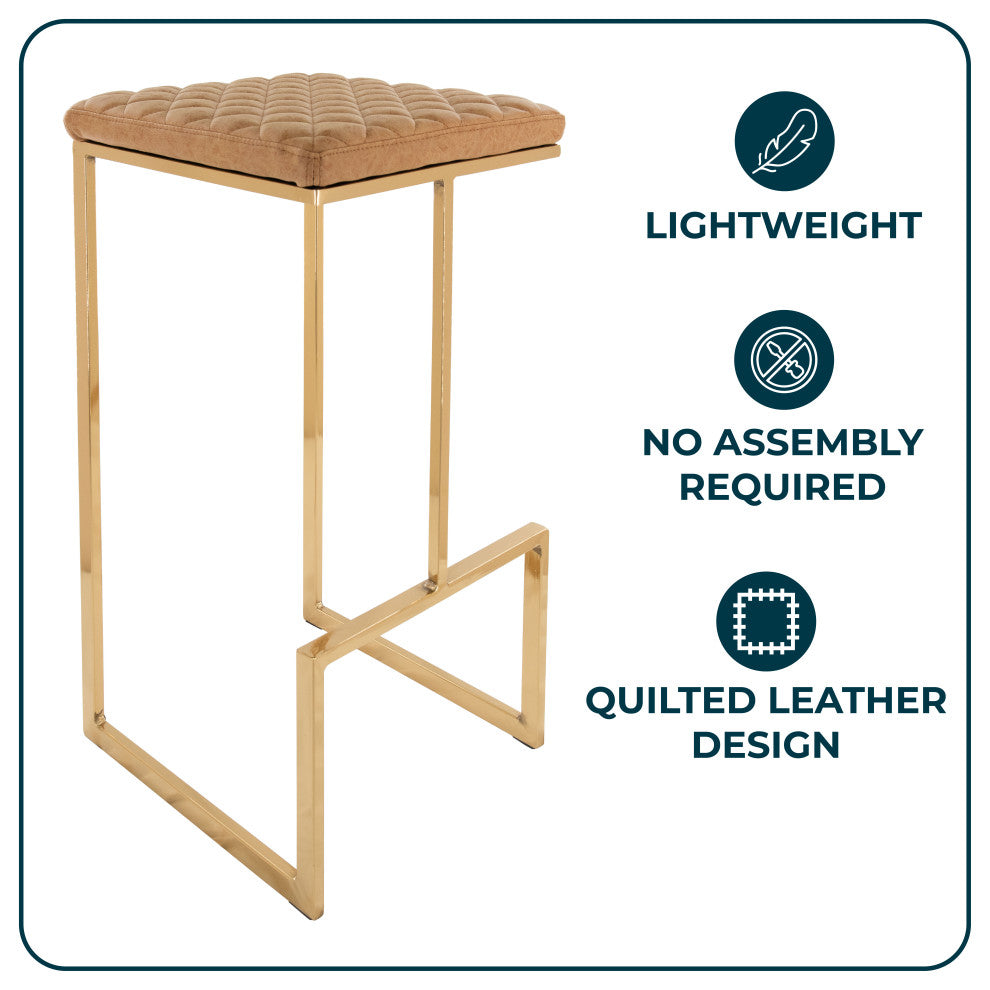Quincy Leather Barstool Square Seats and Gold Metal Frame, Light Brown