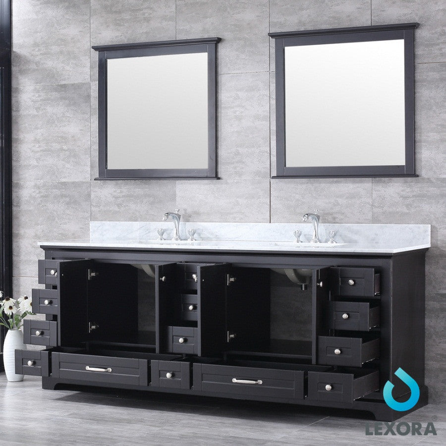 84" Espresso Double Vanity, White Carrara Marble Top, White Sinks & 34" Mirrors