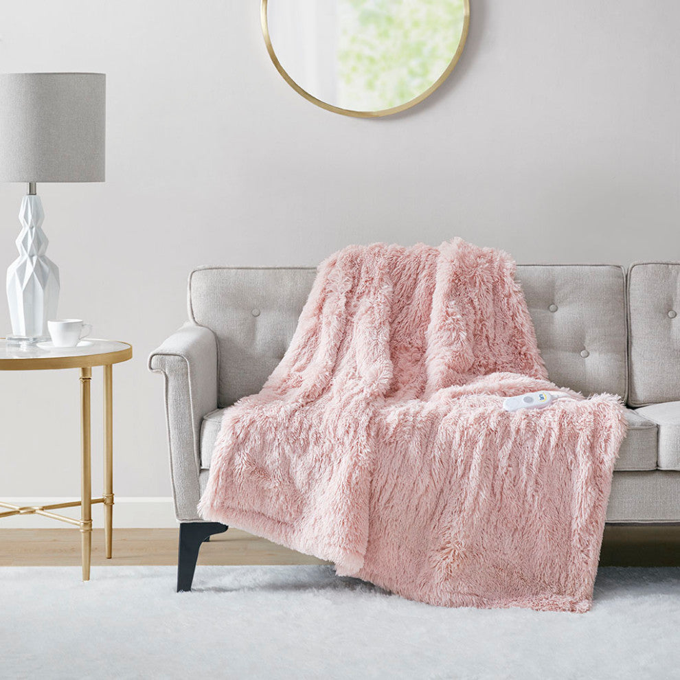 Serta Malea Shaggy Faux Fur Heated Throw, Blush
