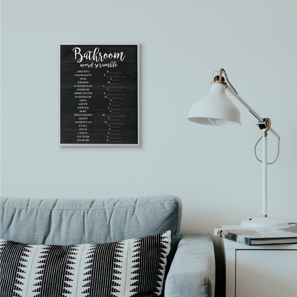Bathroom Word Scramble Black and White Word Design, 16"x20", Gray Frame