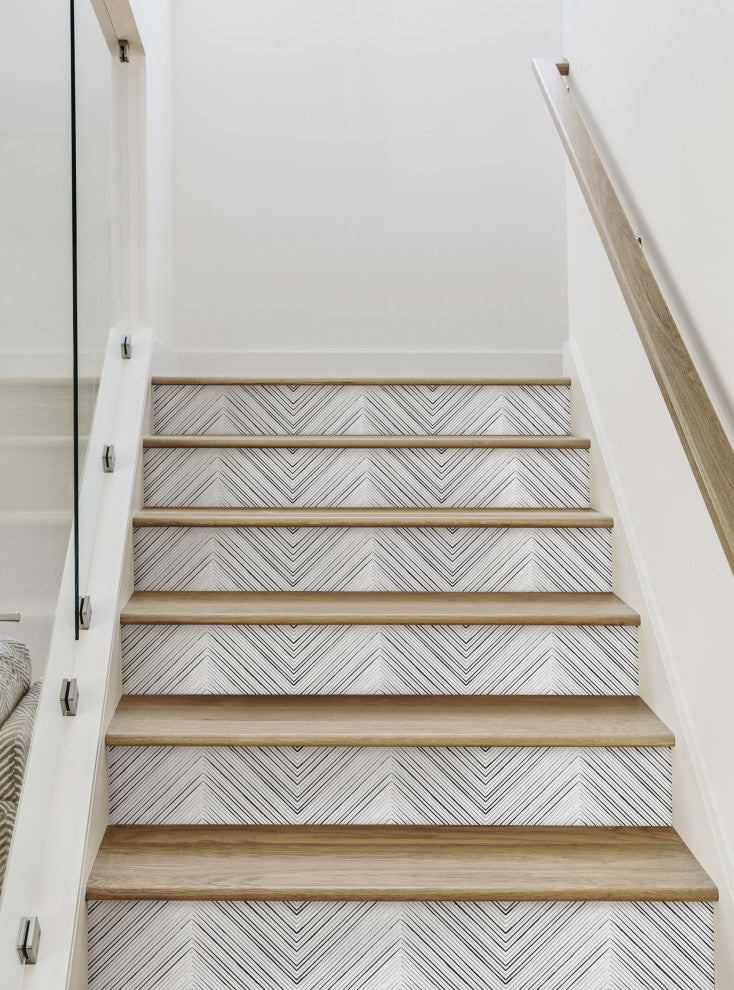 Chevron Lines Peel and Stick Stair Riser Strips, Black, 48"w X 7"h, 6 Pack