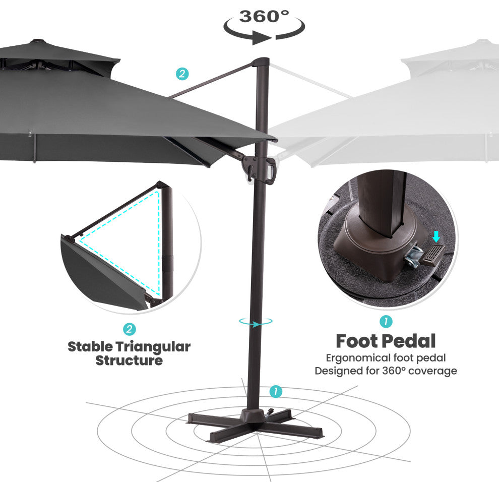 10 FT Double Top Square Offset Umbrella Outdoor Hanging Cantilever Umbrella, Dark Gary
