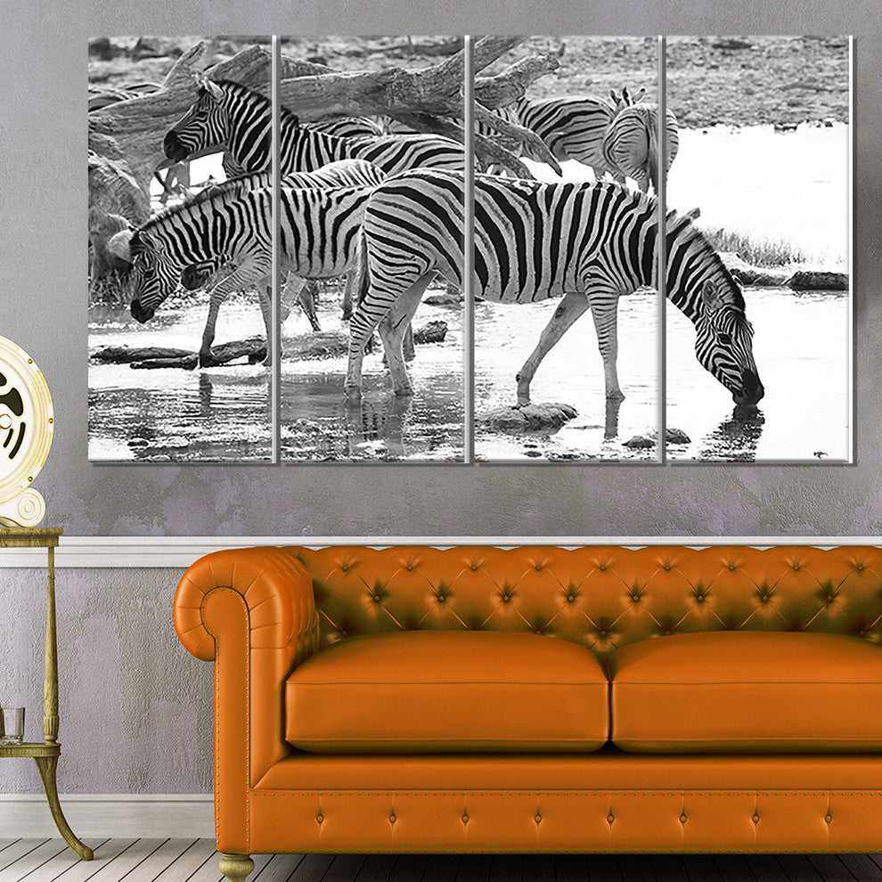 Herd of Zebra Black and White, African Canvas Art Print, 48"x28", 4 Panels